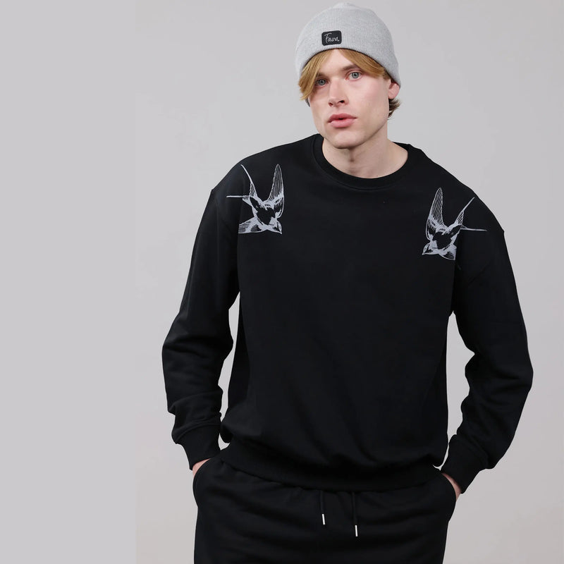 Organic Cotton Unisex Tracksuit | Silver swallows on black Fauna