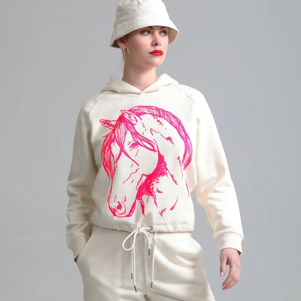 Organic Cotton Women's Cropped Hoodie | Natural cotton with Neon Pink Pony Fauna