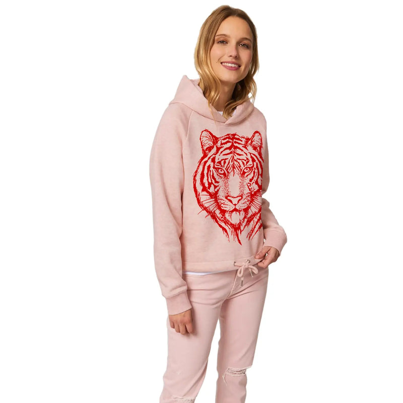 Organic Cotton Women's Cropped Hoodie | Pink Heather with Red Tiger Fauna