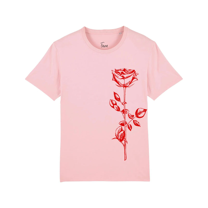 Organic Cotton Women's T-shirt | Red rose on Pink Fauna