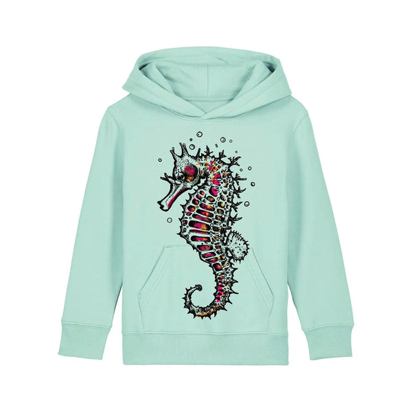 Slightly flawed Organic Cotton Kids Hoodie | Seahorse on Caribbean Blue Fauna Kids