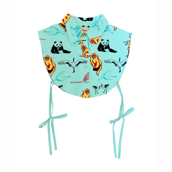Women's Collar - Button Down - Aqua with animal print Fauna
