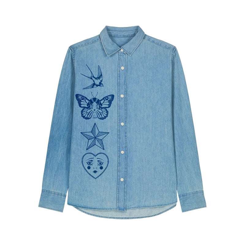 Women's Denim Shirt | Tattoo Motif Print Fauna Kids