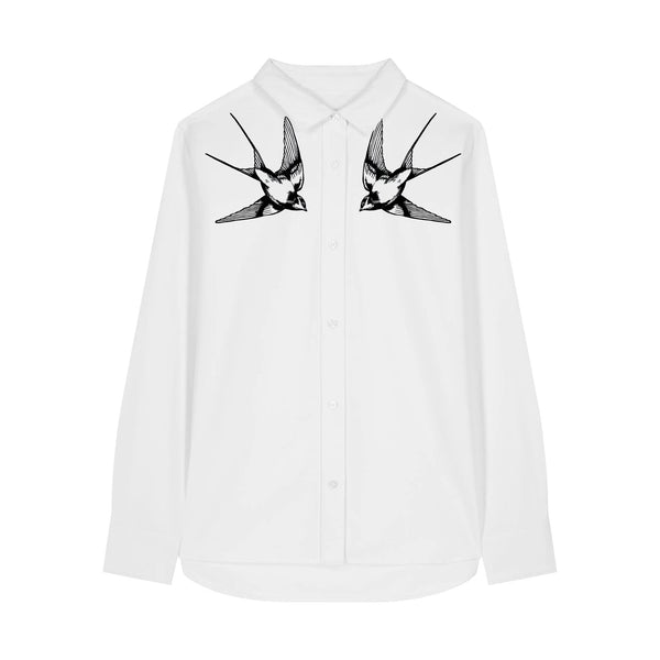 Women's Oxford Shirt | White with Black Swallows - fauna.ie