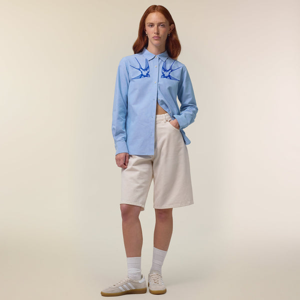 Women's Oxford Shirt | Blue with Blue Swallows Fauna Kids