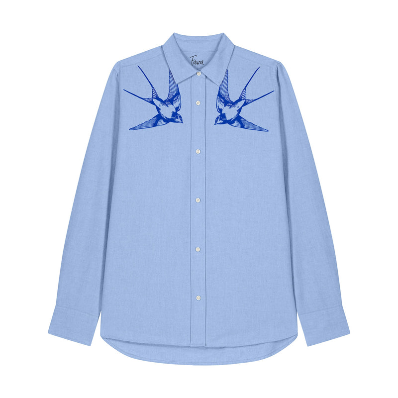 Women's Oxford Shirt | Blue with Blue Swallows Fauna Kids