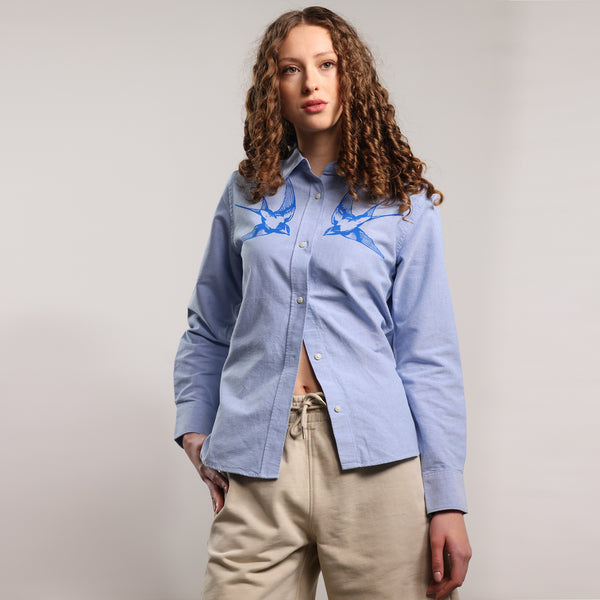 Women's Oxford Shirt | Blue with Blue Swallows